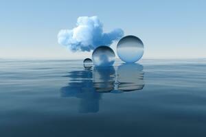 Cloud and geometric figure floating on the lake, 3d rendering. photo