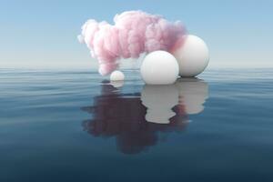 nube y geométrico figura flotante en el lago, 3d representación. foto