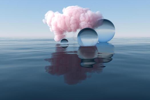 Cloud and geometric figure floating on the lake, 3d rendering. photo