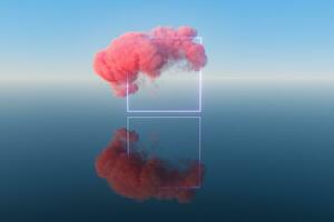 Cloud and geometric figure floating on the lake, 3d rendering. photo