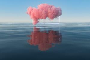 nube y geométrico figura flotante en el lago, 3d representación. foto