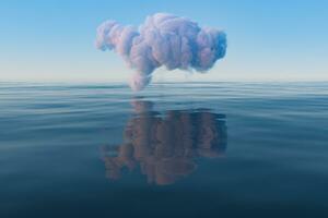 nube y geométrico figura flotante en el lago, 3d representación. foto