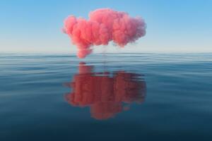 nube y geométrico figura flotante en el lago, 3d representación. foto