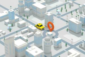 Mini-city with a taxi, transportation background, 3d rendering. photo