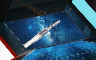 Space station view of the rocket, 3d rendering. photo