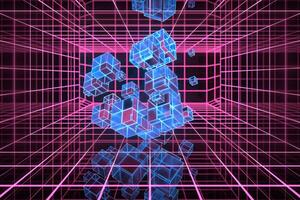 ciberespacio túnel con geometría cubo, 3d representación. foto