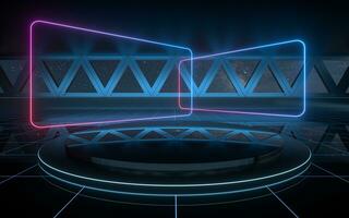 Dark outer space room with empty stage, 3d rendering. photo