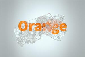 3D font of orange with water pouring down, 3d rendering. photo