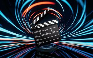 Clapper board with spin lines effect background, 3d rendering. photo