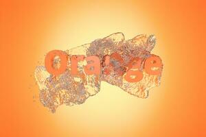 3D font of orange with water pouring down, 3d rendering. photo