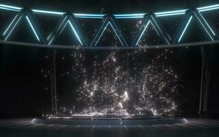 Empty dark room with magic particles, 3d rendering. photo