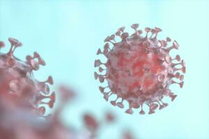 Dispersed corona viruses with blue liquid background, 3d rendering photo
