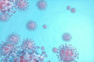 Dispersed corona viruses with blue liquid background, 3d rendering photo
