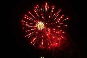 a large red fireworks is lit up in the dark sky photo