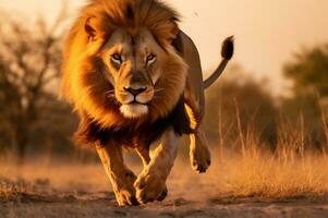 Adult male lion running in the African savannah during the golden hour of the day. AI generated photo