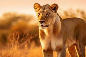 Lioness in the African savannah during the golden hour of the day. AI generated photo