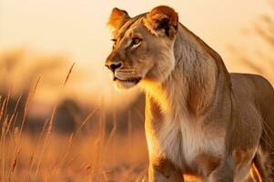 leona en el africano sabana durante el dorado hora de el día. ai generado foto