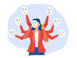 mujer de negocios operadores sostener diferente emocional mascaras mental trastorno vector