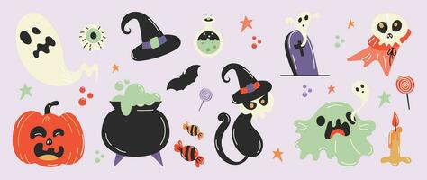 Happy Halloween day element background vector. Cute collection of spooky ghost, pumpkin, bat, candy, cat, skull, grave, cauldron, candle. Adorable halloween festival elements for decoration, prints. vector