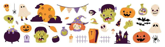 Happy Halloween day element background vector. Cute collection of spooky ghost, pumpkin, bat, lollipop, spider, cauldron, zombie, witch. Adorable halloween festival elements for decoration, prints. vector