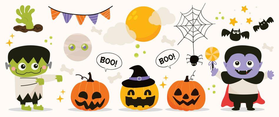 Happy Halloween day element background vector. Cute collection of spooky pumpkin, bat, candy, cat, skull, grave, zombie, lollipop. Adorable halloween festival elements for decoration, prints.