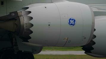 FRANKFURT AM MAIN, GERMANY JULY 20, 2017 - A running engine Airbus A380. Close up of an airplane engine video