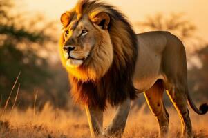 Adult male lion standing in the African savannah during the golden hour of the day. AI generated photo