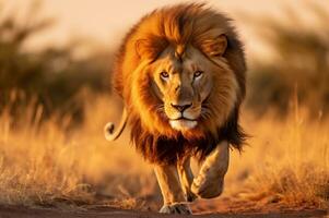 Adult male lion running in the African savannah during the golden hour of the day. AI generated photo