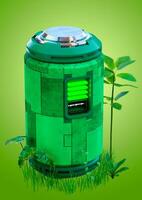 Smart renewable green energy battery with green leds and plants around it. clean and sustainable energy concept photo