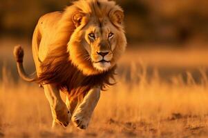 adulto masculino león corriendo en el africano sabana durante el dorado hora de el día. ai generado foto