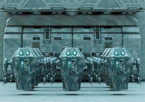 Robots lined up in the corridor of a spaceship. Science fiction scene photo
