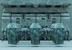 Robots lined up in the corridor of a spaceship. Science fiction scene photo