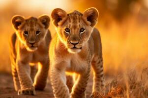 Lion cubs in the African savannah during the golden hour of the day. AI generated photo