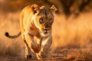 Lioness in the African savannah during the golden hour of the day. AI generated photo