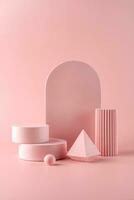 Pink background for product presentation with concrete podiums of geometric shapes. Empty podiums. Mockup. photo