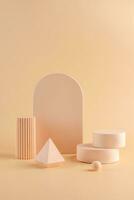 Set of different geometric shapes as empty pedestals on pastel background. Mockup for cosmetic, packaging, product presentation. Concrete podium for your design photo