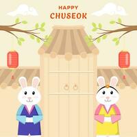 flat design vector happy chuseok illustration with two rabbits