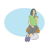 mujer utilizando teléfono inteligente en su silla con azul Copiar espacio ilustración vector mano dibujado aislado en blanco antecedentes