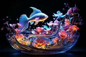 Generative AI Image of Beautiful Decorative Fish Swimming on Fish Bowl with Floral Flowers photo