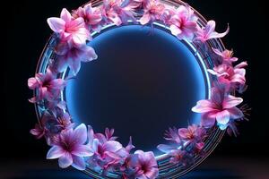 Generative AI Image of Circle Frame Surrounded by Beautiful Pink Flowers with Blue Neon Lighting photo