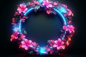 Generative AI Image of Circle Frame Surrounded by Beautiful Flowers with Blue Neon Lighting photo