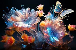 Generative AI Image of Glowing Floral Flowers and Butterfly with Neon Lighting on Dark Background photo