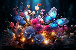 Generative AI Image of Floral Flowers and Butterflies with Neon Lighting on Dark Background photo