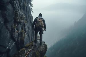 Back View of a Man Climbing a Cliff Extreme in Thick Foggy Cold Weather photo