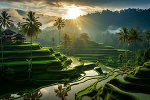 AI Generative Image from Beautiful Landscape of Green Rice Terraces in Bali with Palm Trees and Huts photo