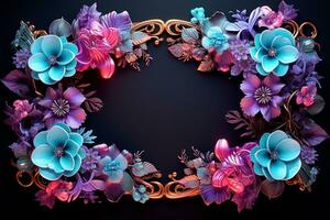 Generative AI Image of Rectangular Floral Frame with Beautiful Carving and Glow from Neon Light photo