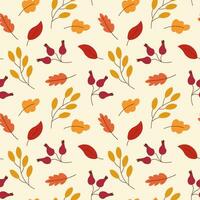 Seamless vector autumn pattern with berries and branches, leaves. Fall colorful floral background. Elegant floral seamless pattern for fabric, texture, wallpaper, poster, postcard.