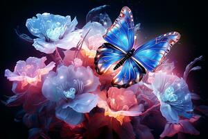 Generative AI Image of Glowing Floral Flowers and Blue Butterfly on Dark Background photo