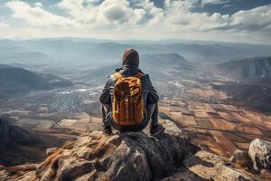 Back View of a Man Sitting on Top of a Cliff with Mountain Landscape photo