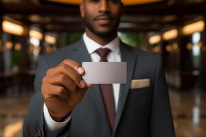 Businessman Wearing Formal Suit Showing Business Card to Offer Cooperation with Client AI Generative photo